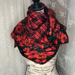 Vintage Ann Taylor Silk Scarf, 34" Square Red Floral, Black and Red Check Center